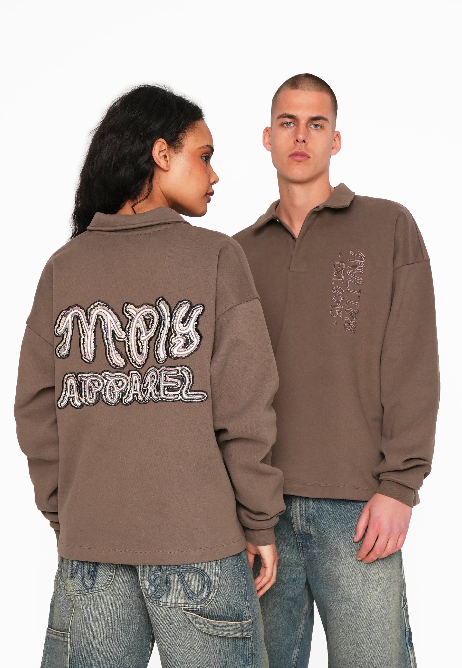 Multiply Apparel Oversize Longsleeve Polo JUMBLE Canteen – Frontalansicht