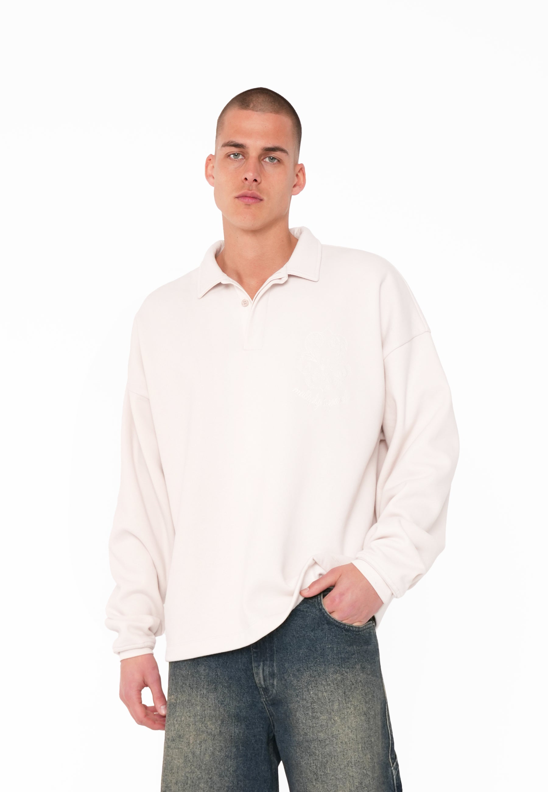 Multiply Apparel Oversize Longsleeve Polo INSCRIPTION White Sand – weitere Ansicht 5