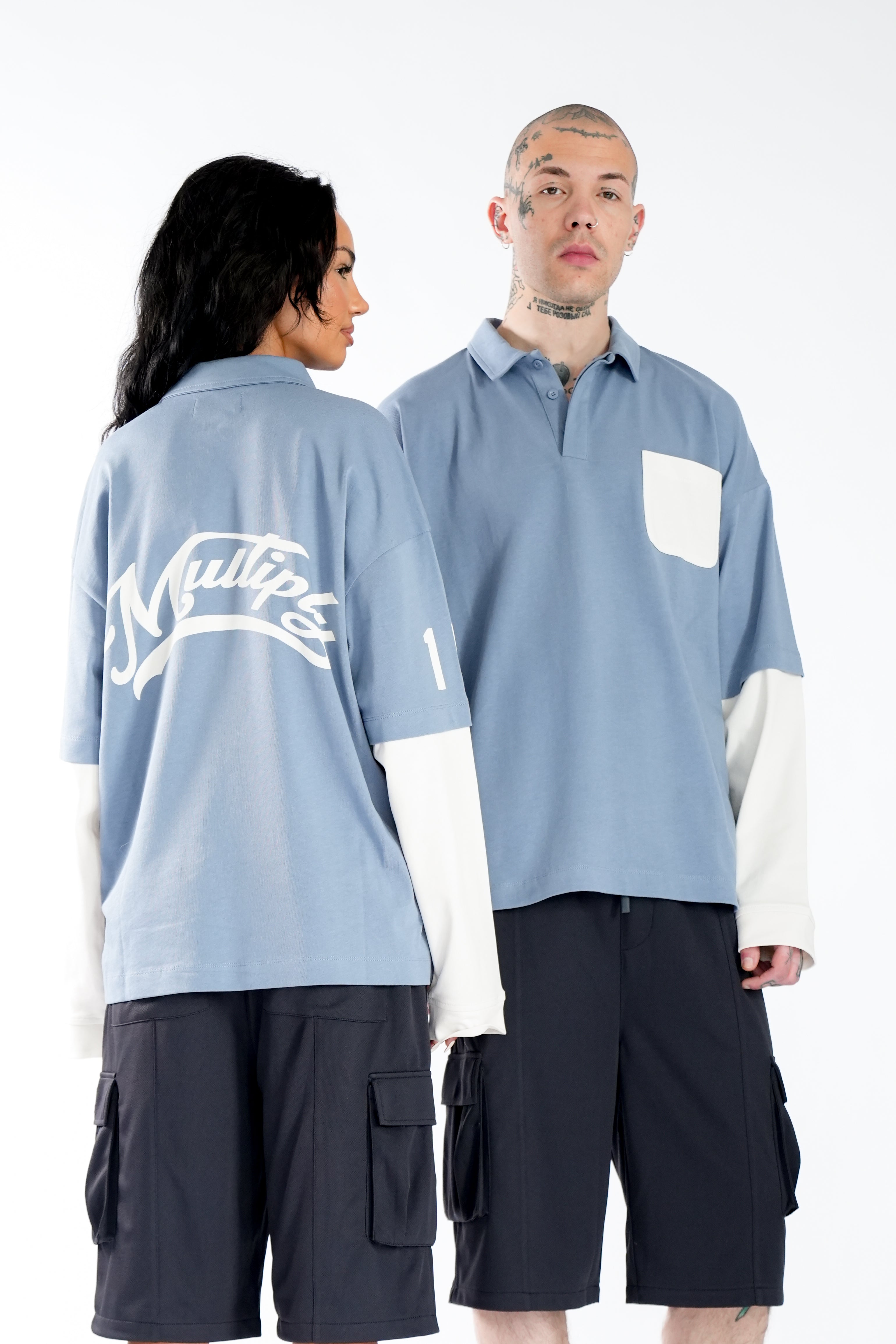 Multiply Apparel Oversize Double Polo MIRROR Flint Stone Washed – Frontalansicht