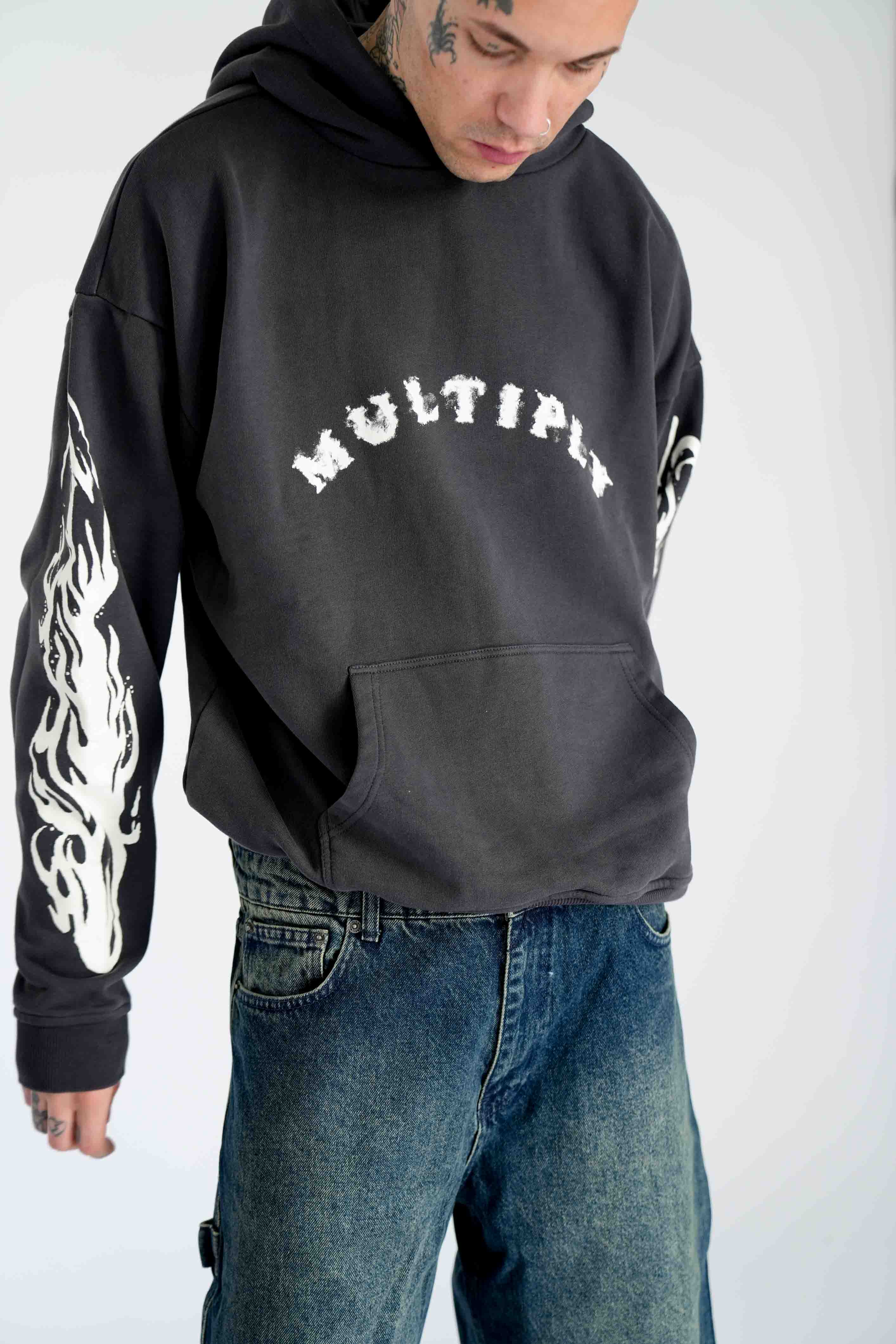 Oversize Hoodie FLAME Black Soda Washed