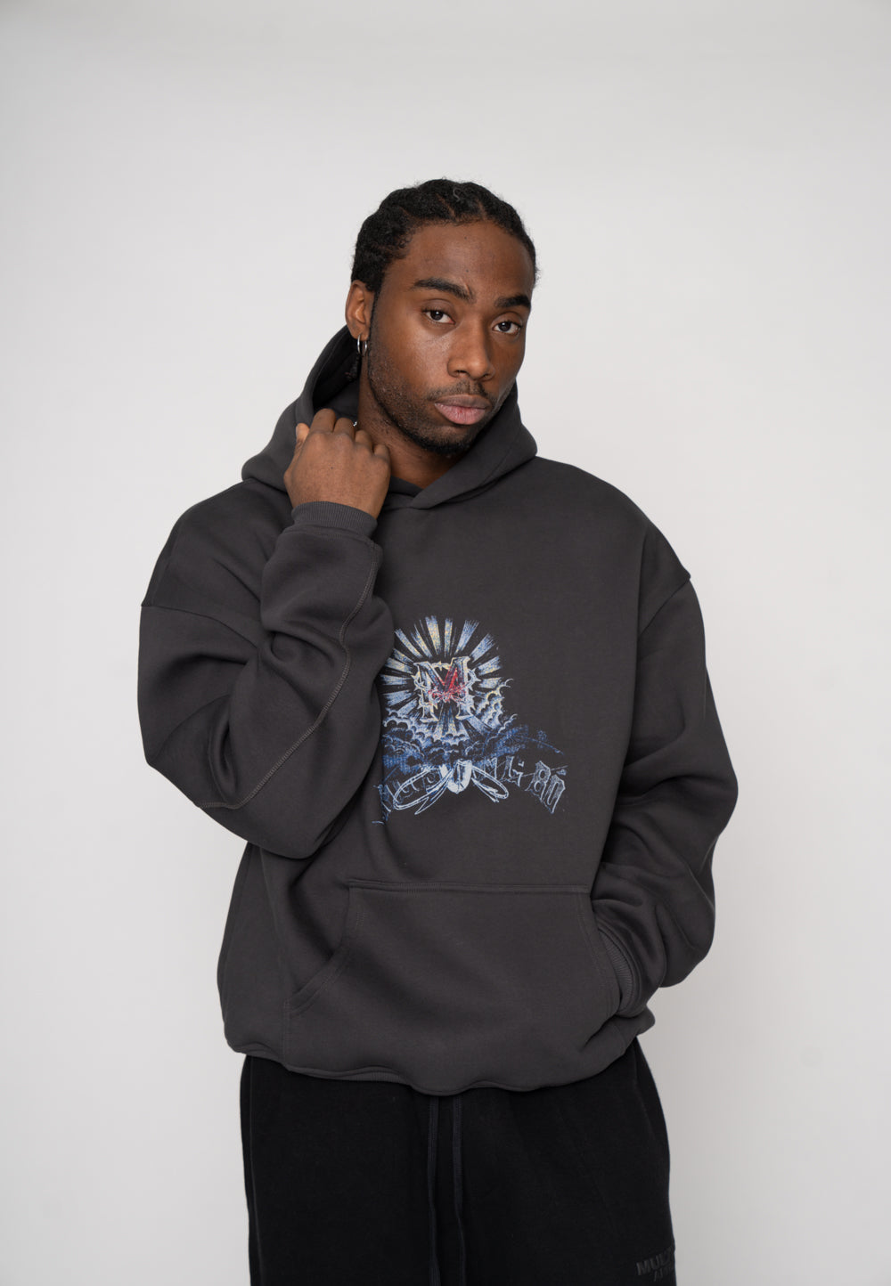 Oversize Hoodie INITIAL SKETCH Black Soda Washed