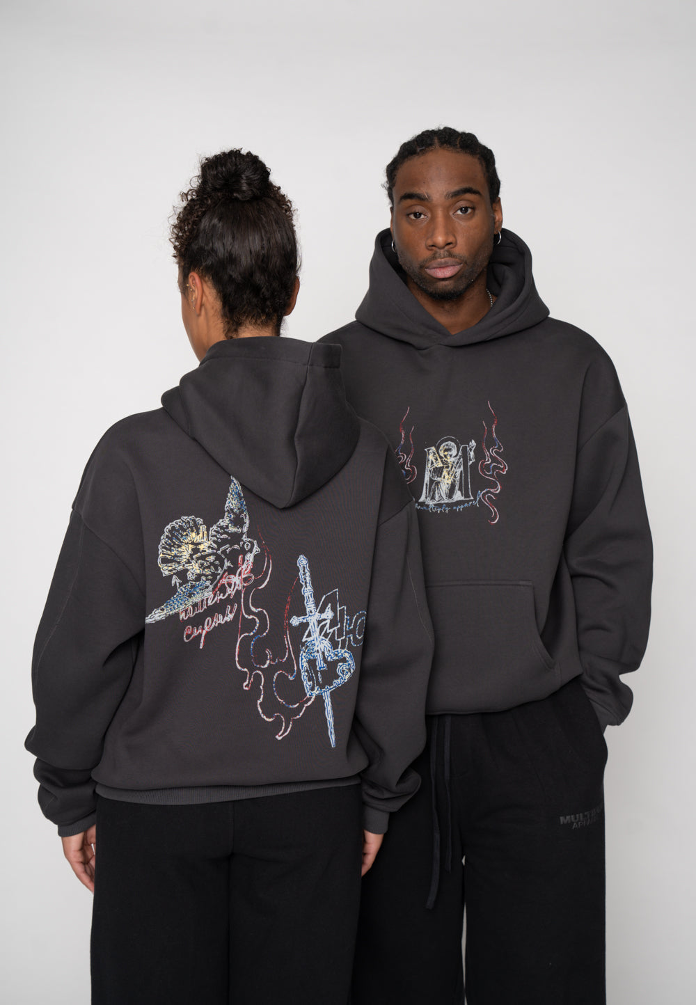 Multiply Apparel Oversize Hoodie BIRD SKETCH Black Soda Washed – Frontalansicht