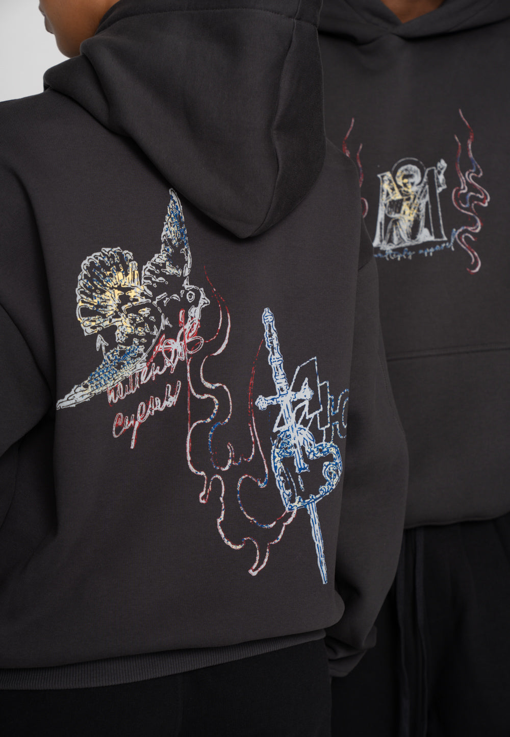 Oversized Hoodie BIRD SKETCH Black Soda Washed