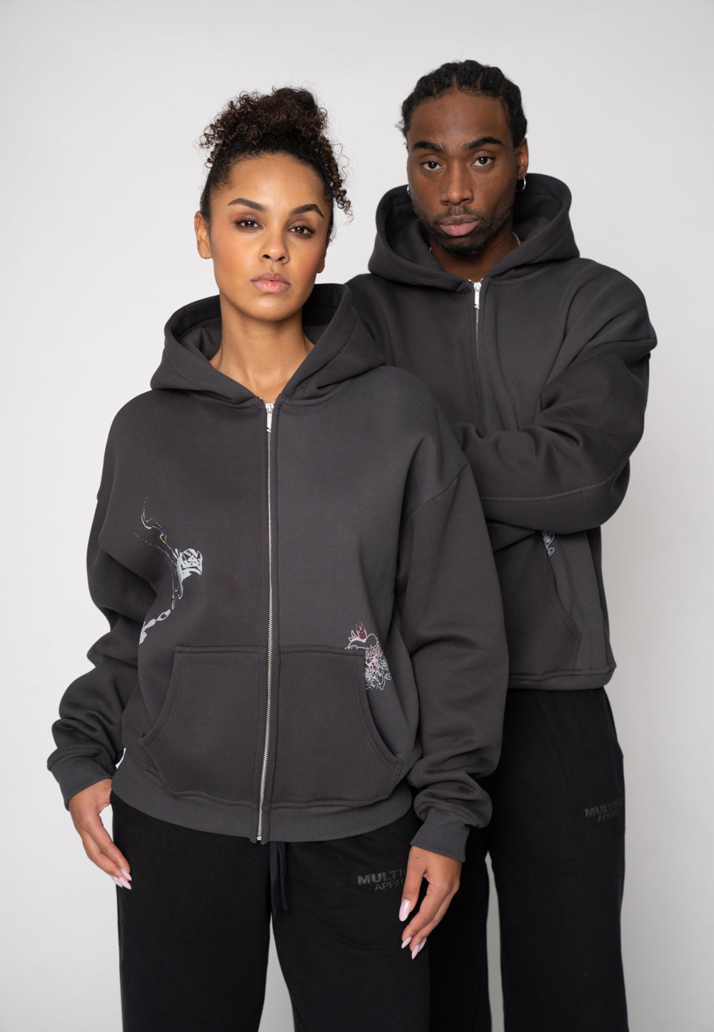 Oversize Zip Hoodie FAIRY SKETCH Black Soda Washed