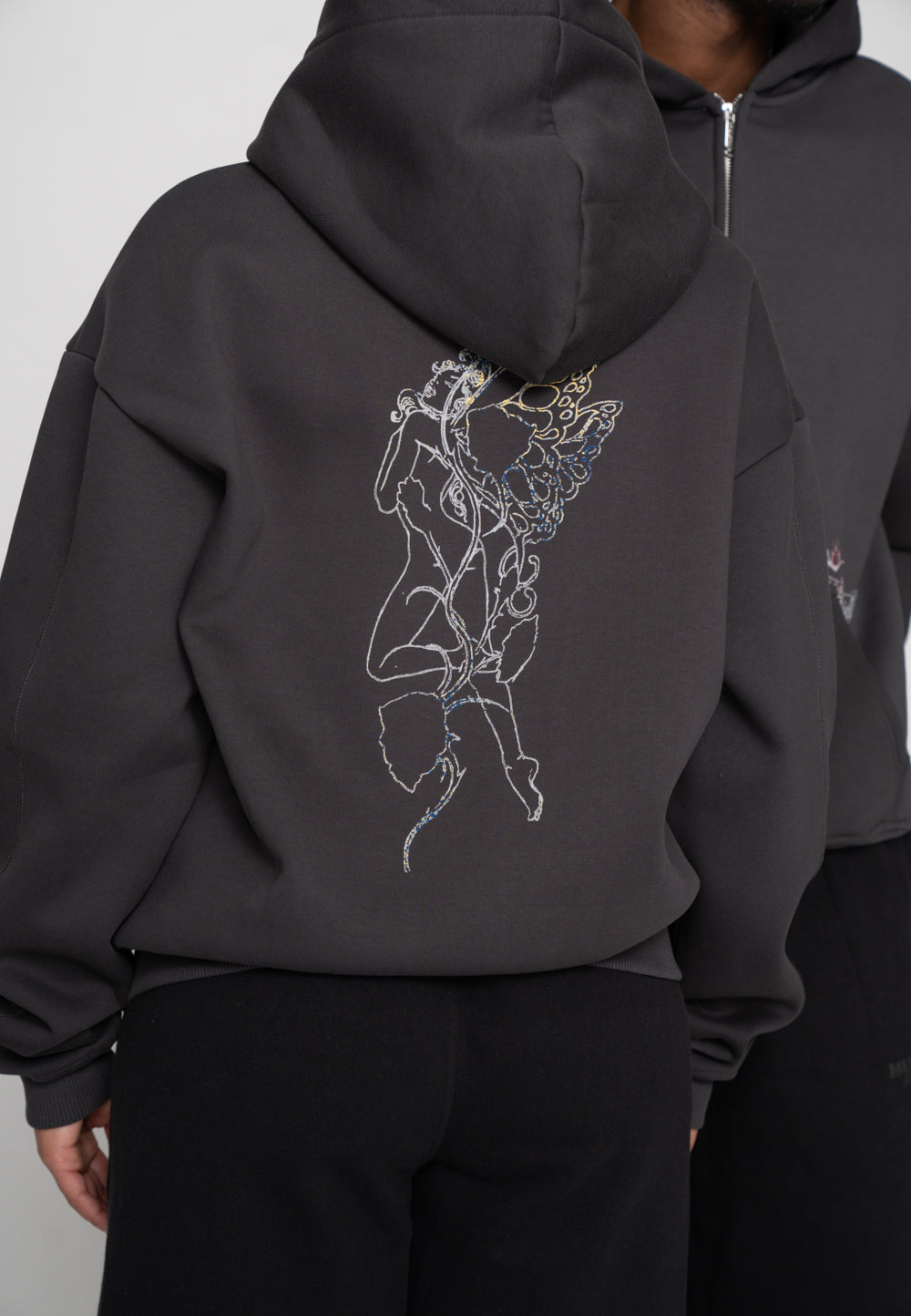 Oversize Zip Hoodie FAIRY SKETCH Black Soda Washed