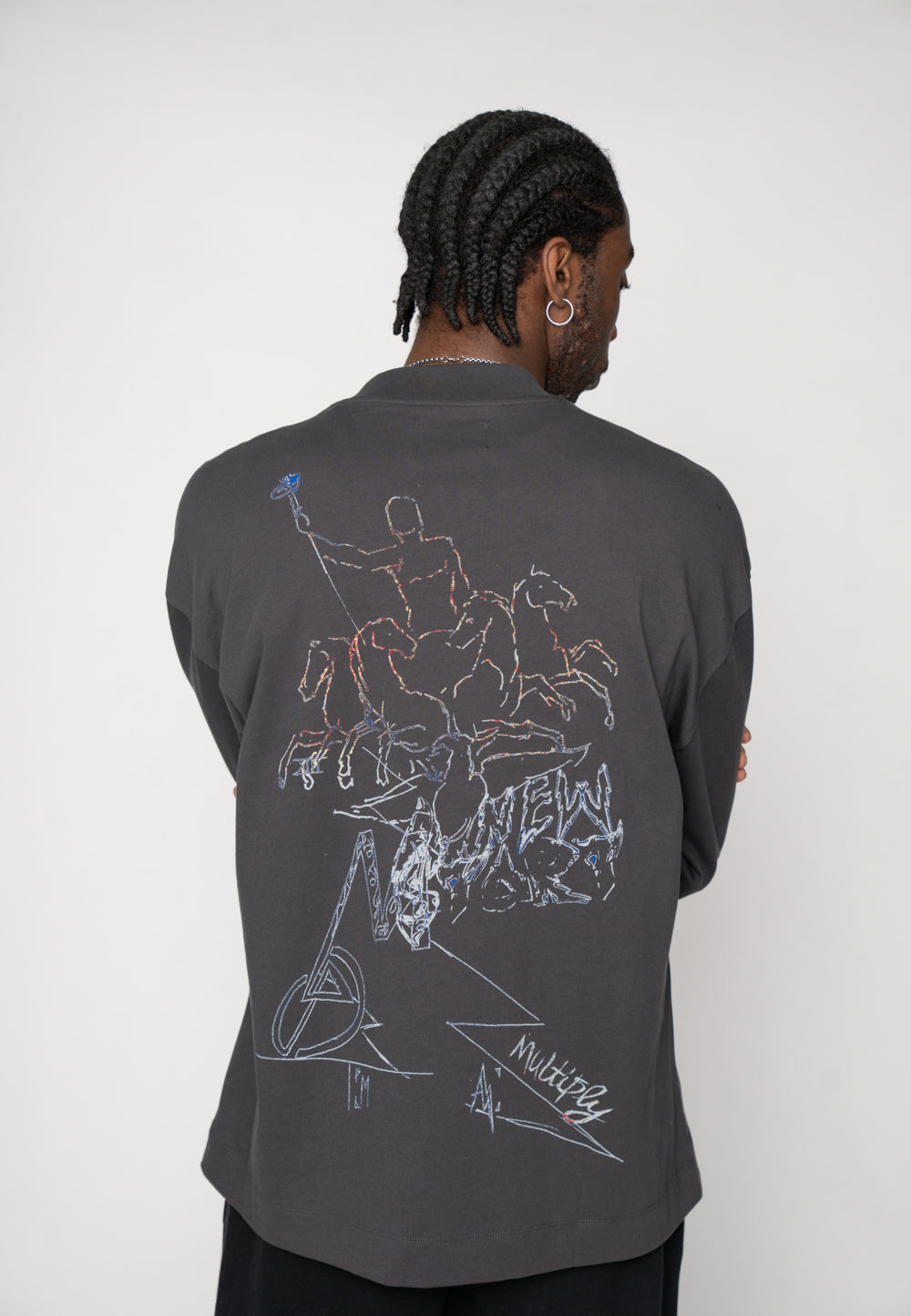 Multiply Apparel Oversize Longsleeve HORSE SKETCH Black Soda Washed – weitere Ansicht 7