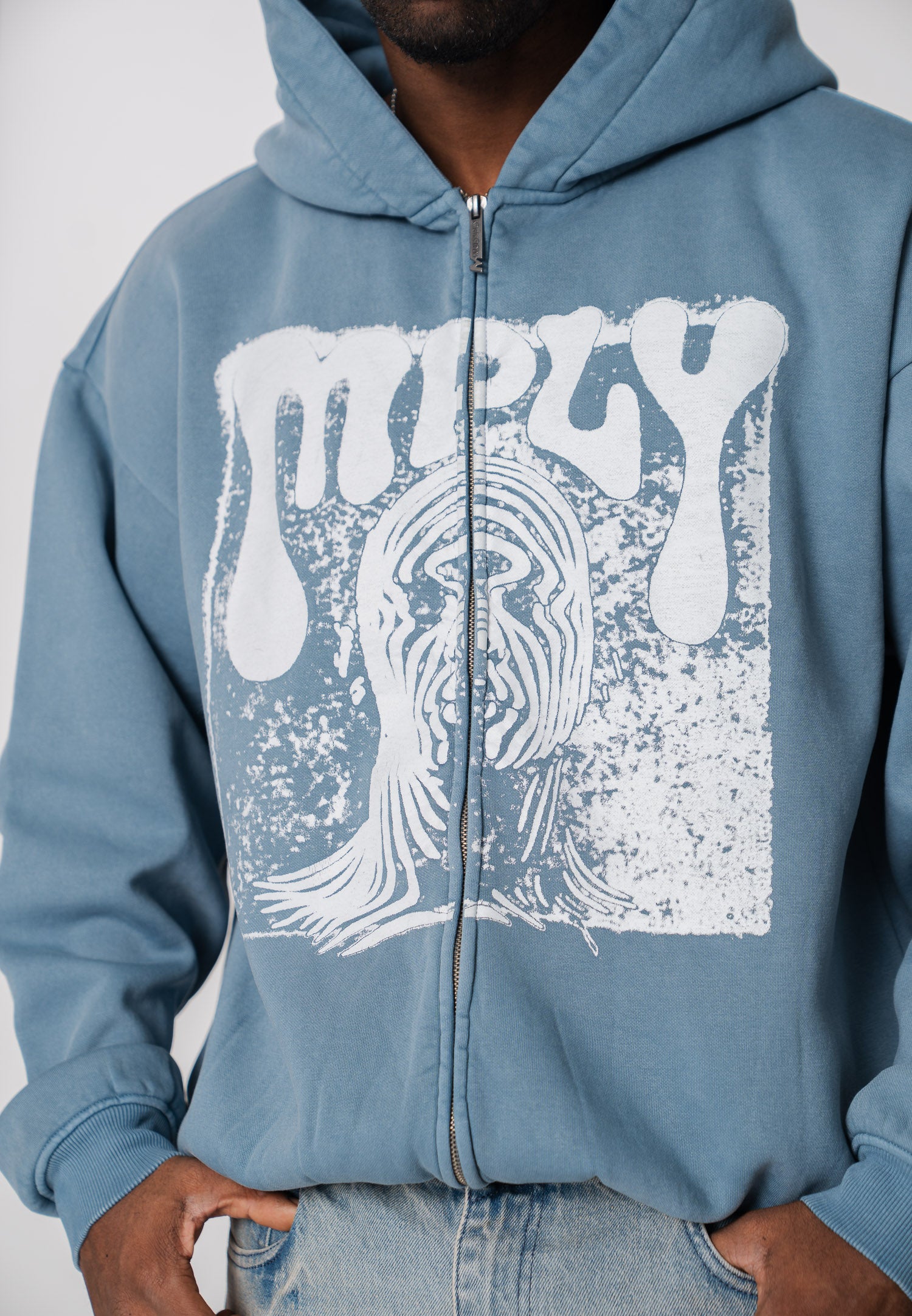 Multiply Apparel Oversize Zip Hoodie FACE PRINT Bluefin Washed – weitere Ansicht 2