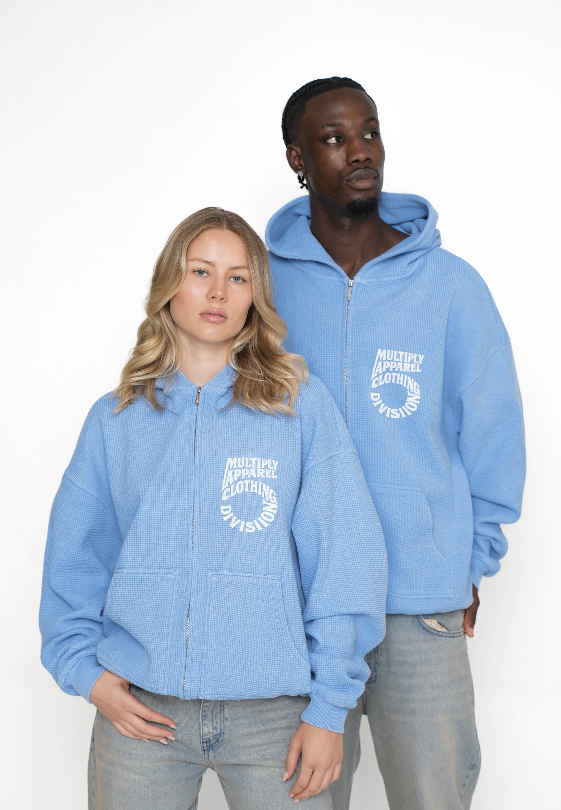 Multiply Apparel Oversize Zip Hoodie WAFFLED Azurine – Frontalansicht