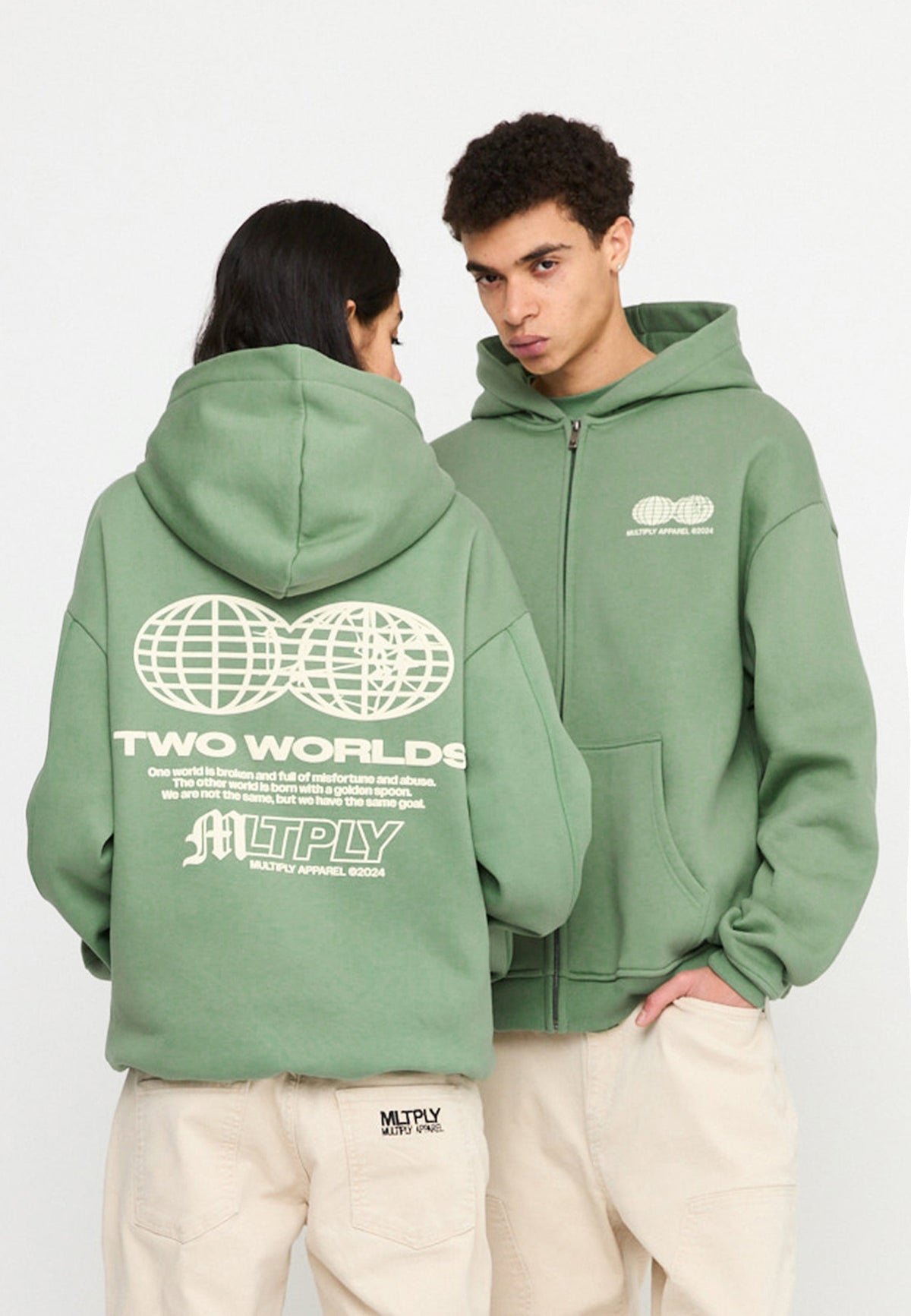 Oversize Zip Hoodie TWO WORLDS Hedge Green