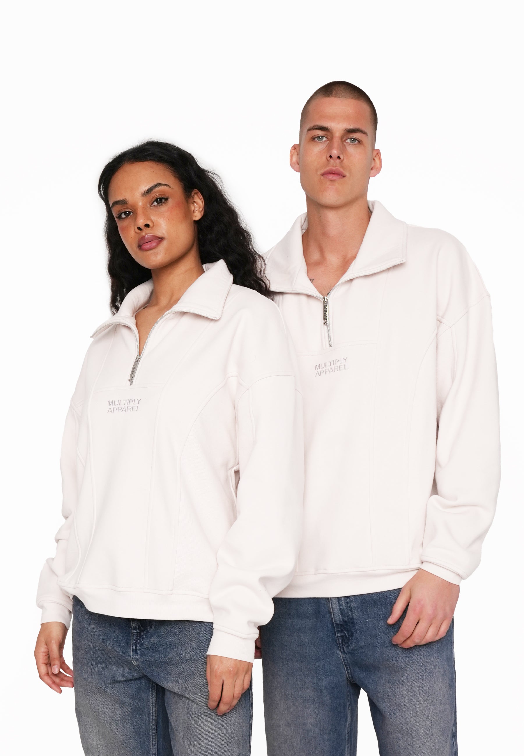 Multiply Apparel Oversize Half Zip Polo EXPLORER White Sand – Frontalansicht