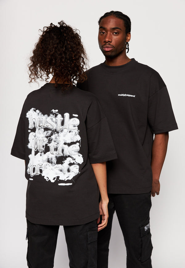 Oversize T-Shirt HUSTLE FOR THE STREETS Black Soda Washed