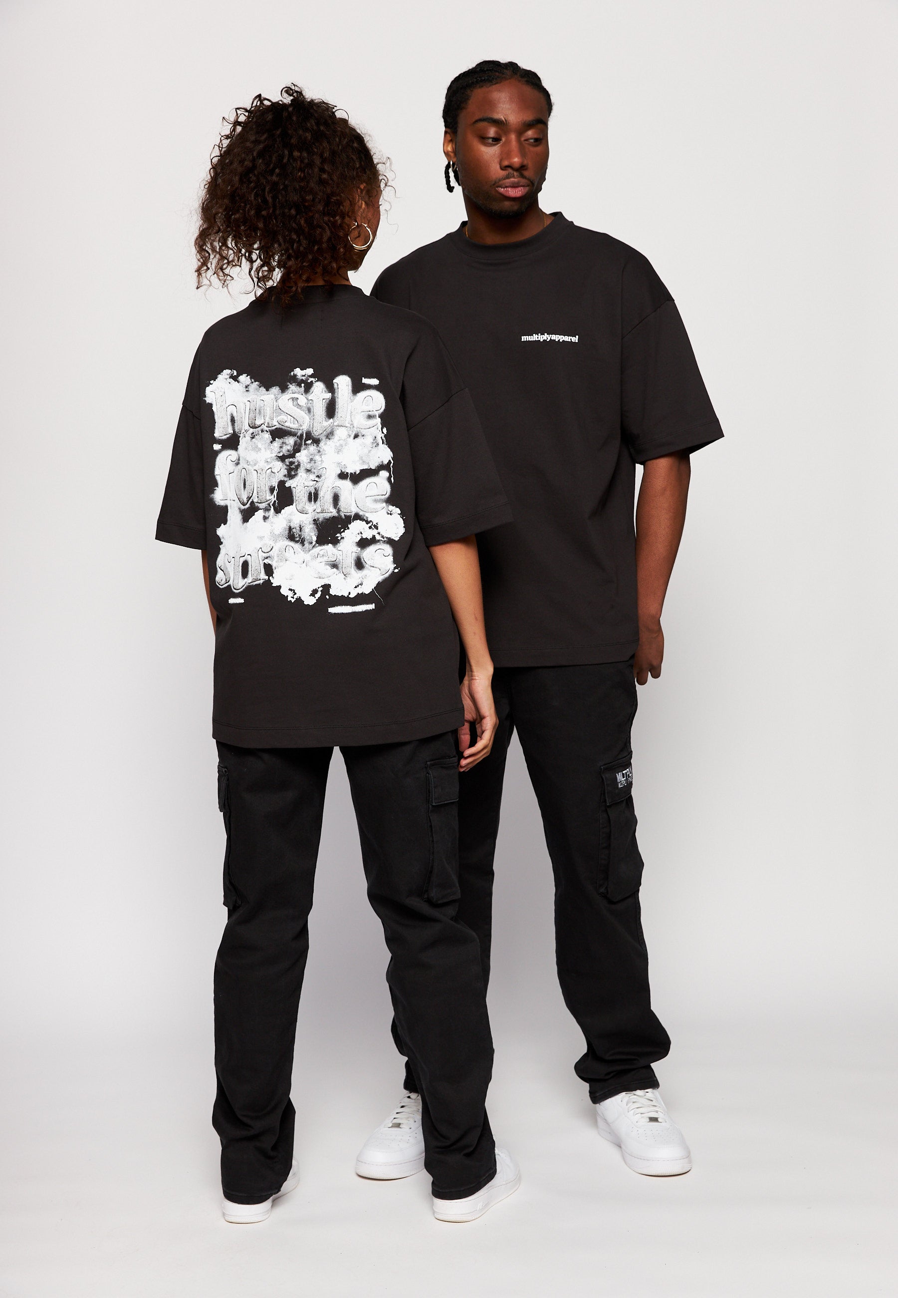 Oversize T-Shirt HUSTLE FOR THE STREETS Black Soda Washed