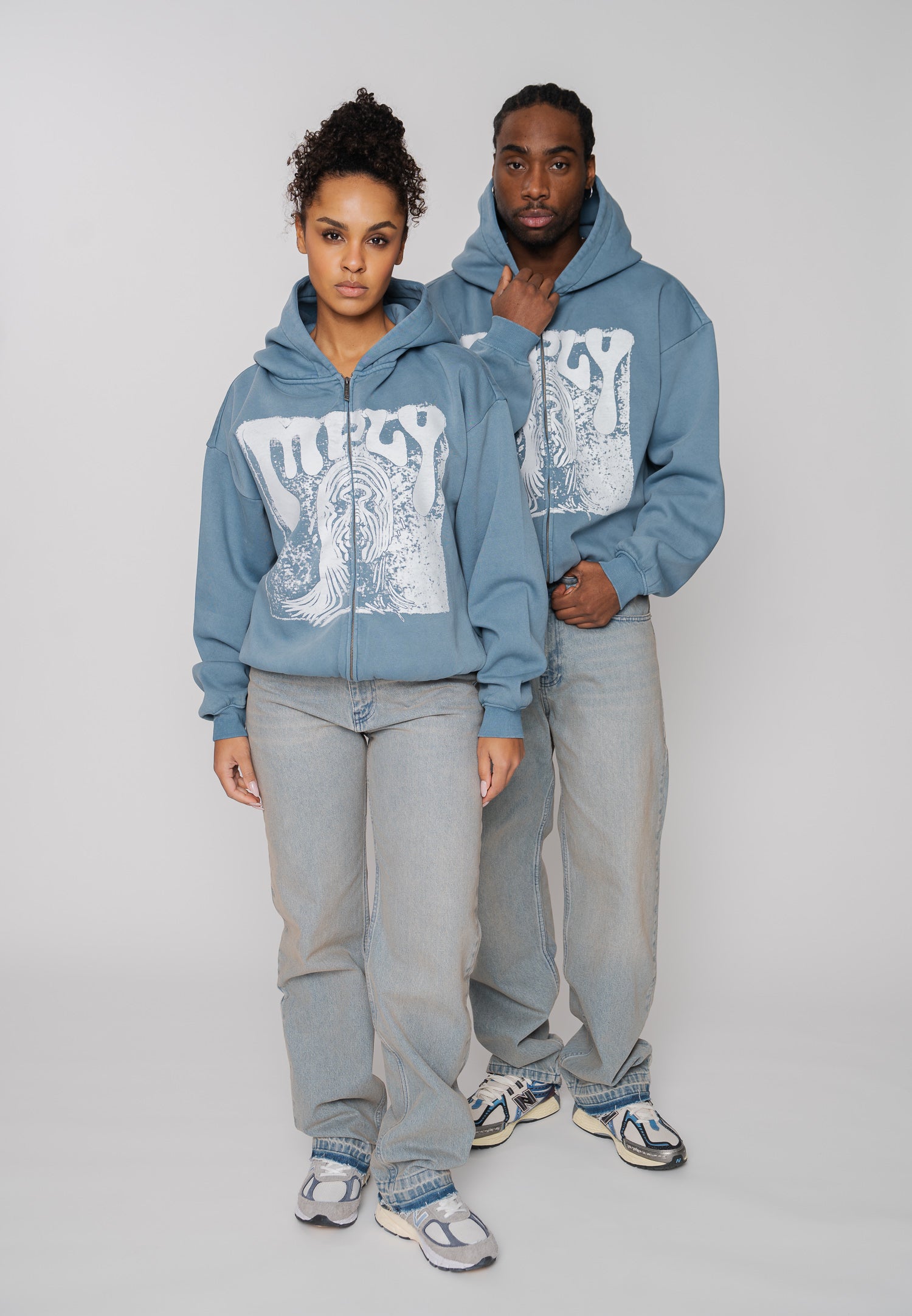 Oversize Zip Hoodie FACE PRINT Bluefin Washed