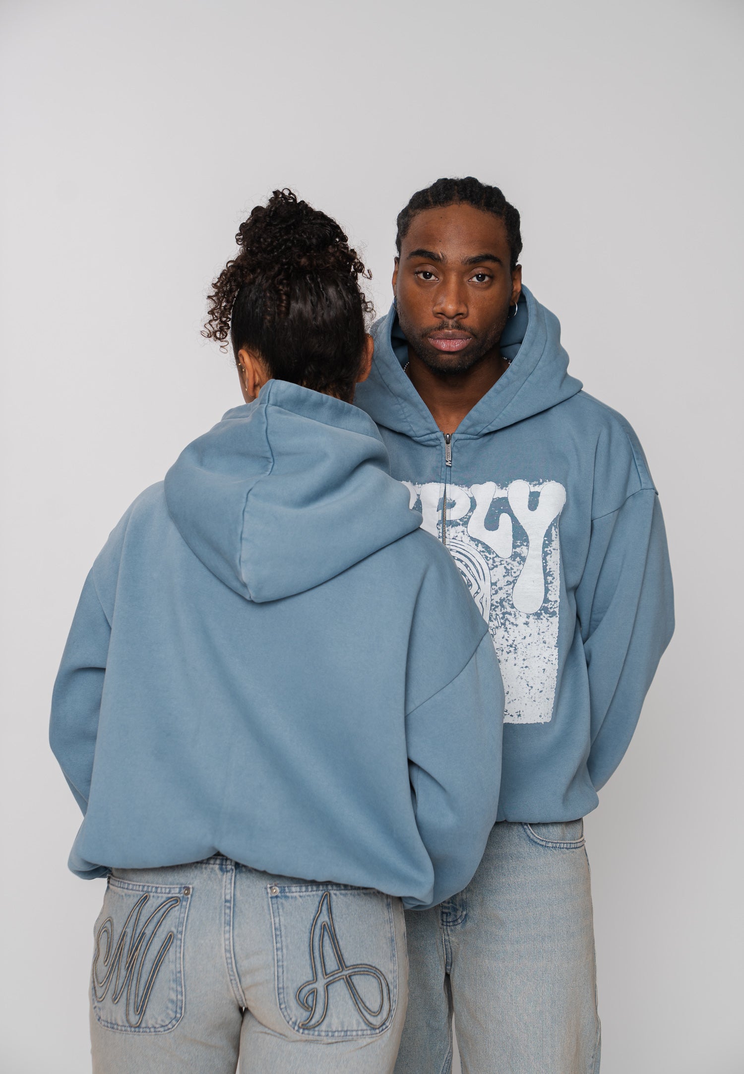 Multiply Apparel Oversize Zip Hoodie FACE PRINT Bluefin Washed – weitere Ansicht 5