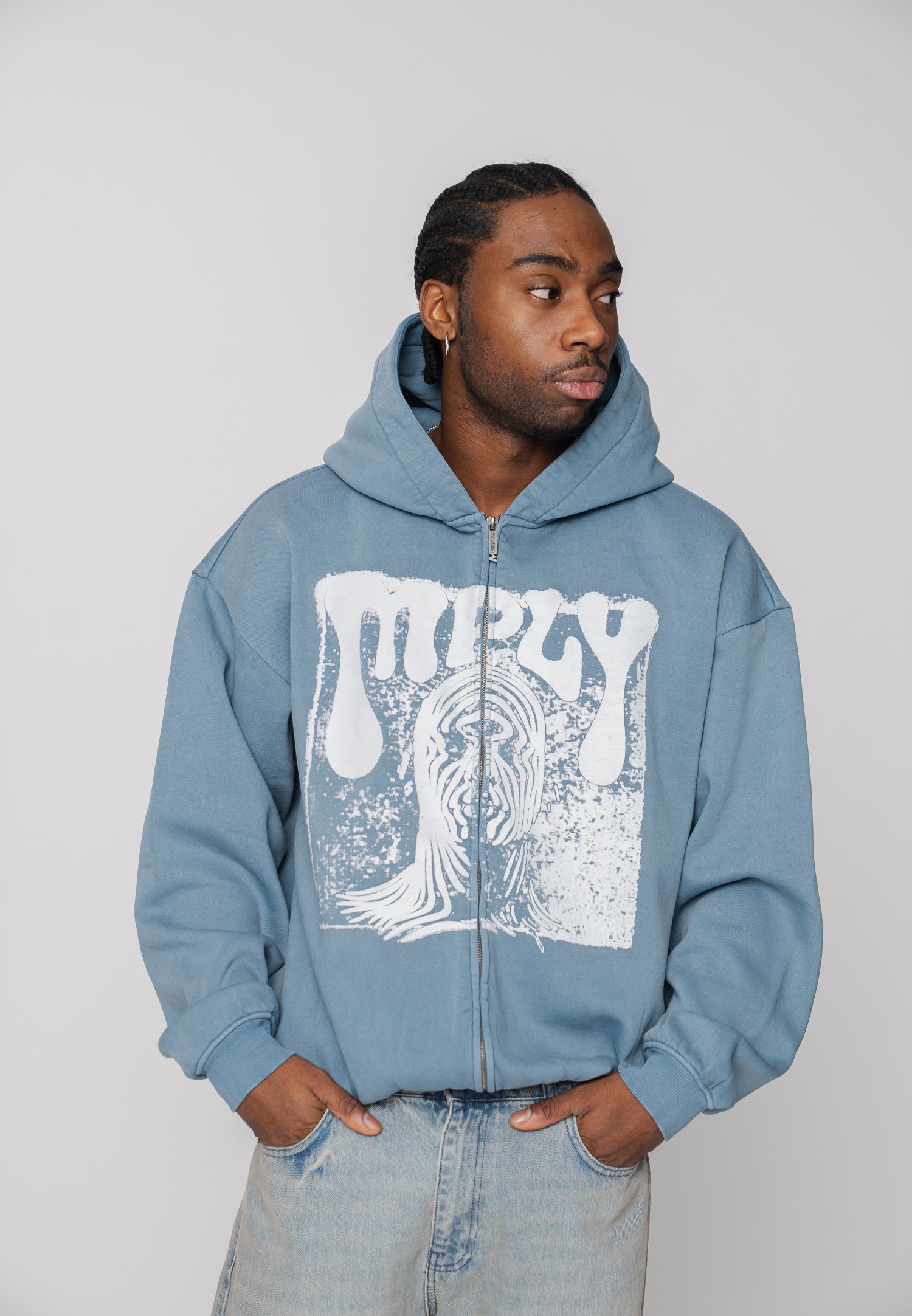 Multiply Apparel Oversize Zip Hoodie FACE PRINT Bluefin Washed – weitere Ansicht 4