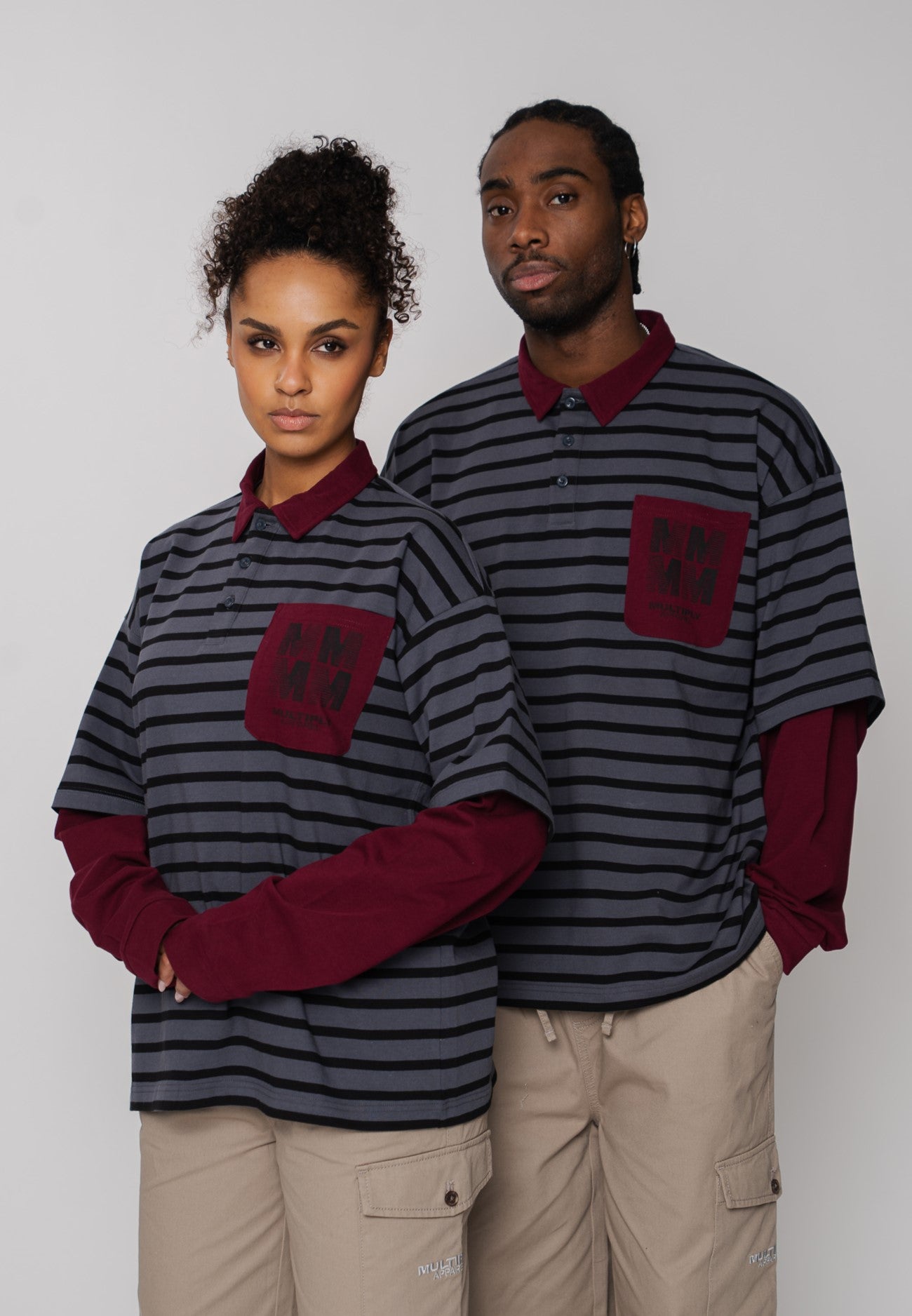 Multiply Apparel Oversize Longsleeve Polo DIVISION Maroon Red – Frontalansicht