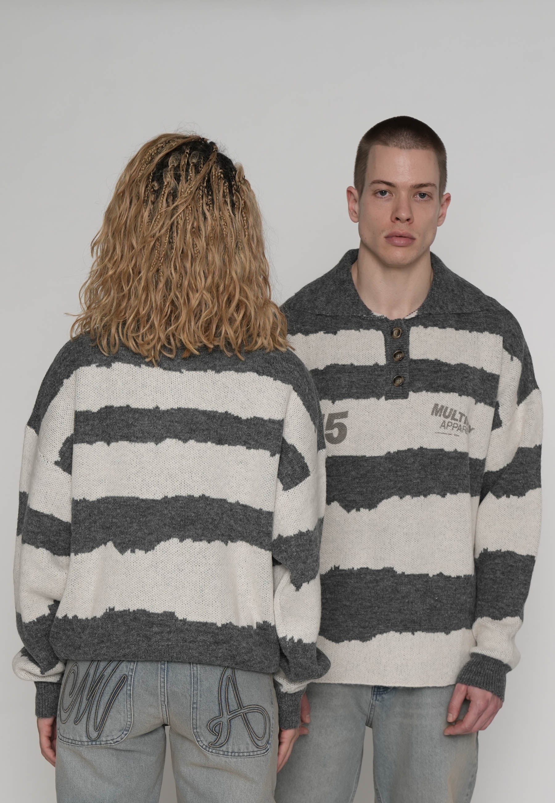 Multiply Apparel Oversize knit Longsleeve Polo DUNES Black – weitere Ansicht 7